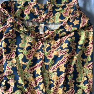 LuLaRoe Navy Blue Leggings with Green, Gold and Burgundy Holiday Print